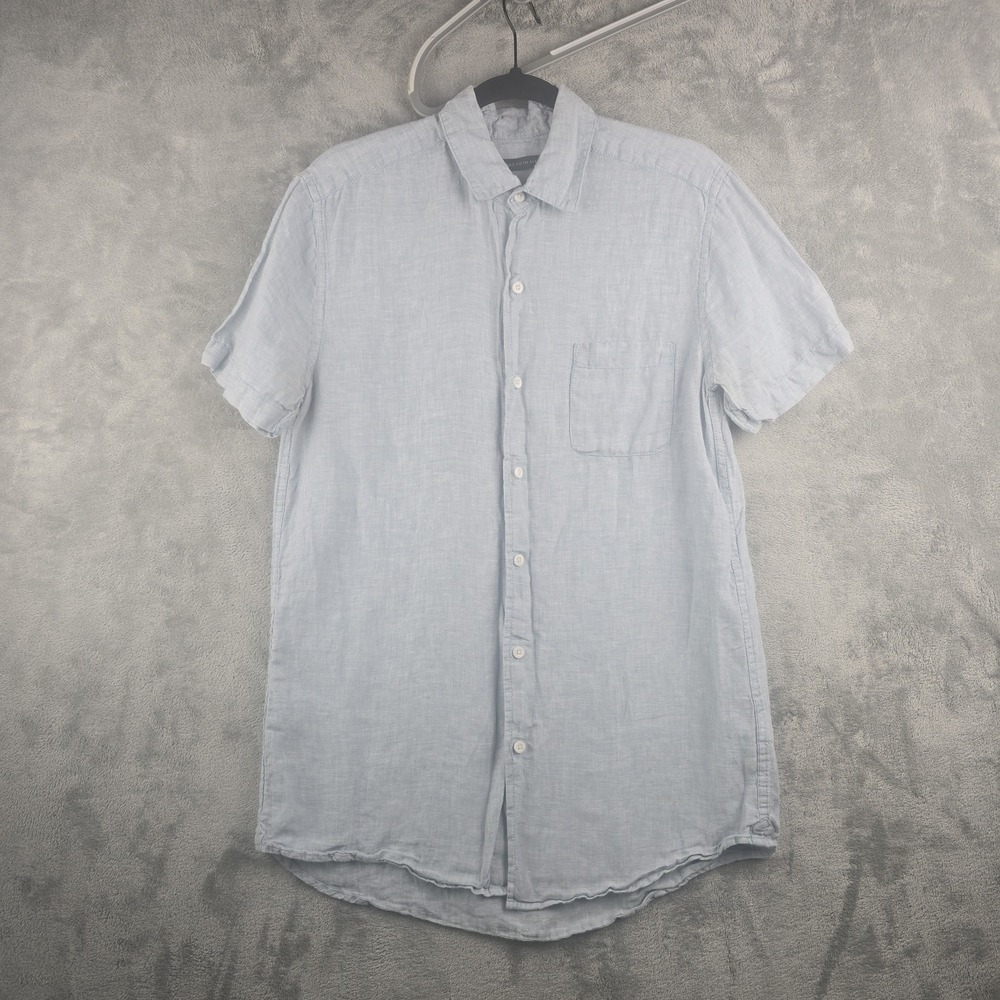 Saks Fifth Avenue Shirt Men's Small Blue Linen Button Up Beach Short Sleeve
